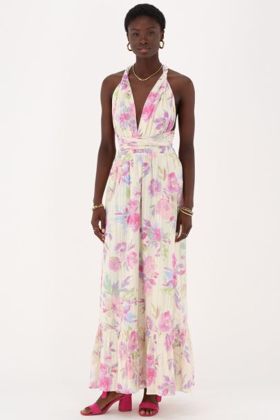 Robe longue beige à fleurs multicolores