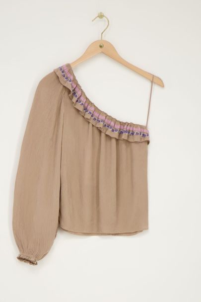 Beige one-shoulder top met multikleur embroidery