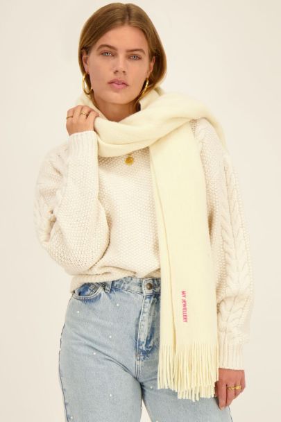Beige scarf with fringing and pink logo