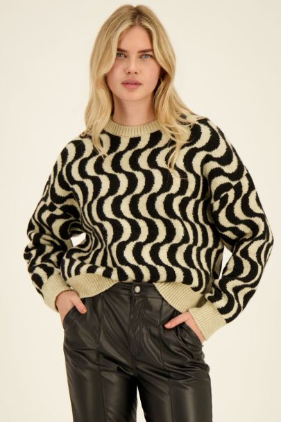 Beige sweater with black jacquard wave