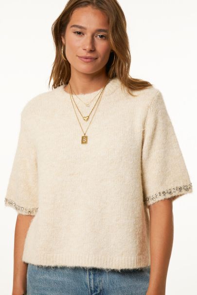 Beige trui met korte mouwen en strass