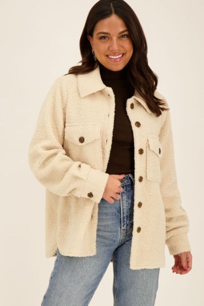 Beige Teddyjacke mit Knöpfen