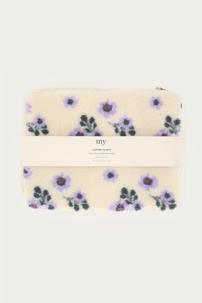 Beigefarbene Teddy-Laptop-Hülle mit lila Blumen