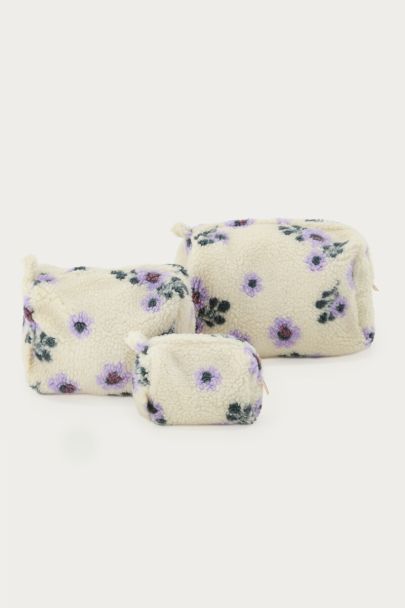 Beigefarbene Teddy-Kulturtasche mit lila Blumen