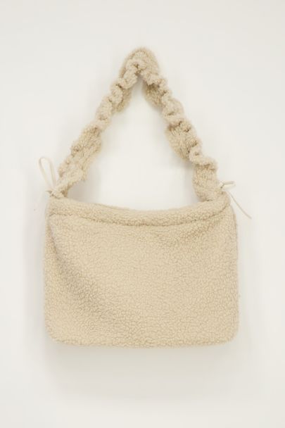 Beige teddy tote bag with ruffle strap