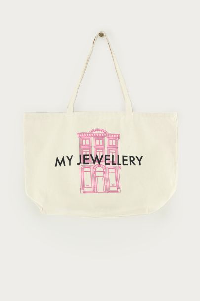 Beige tote bag with pink store
