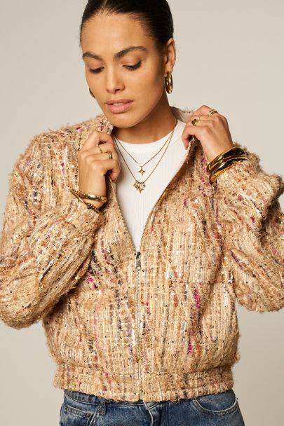 Beige tweed jacket met pailletten
