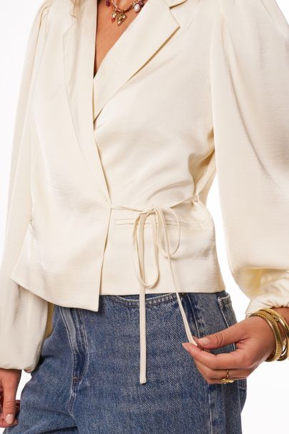 Beige wrap top in satijn look met lange mouwen