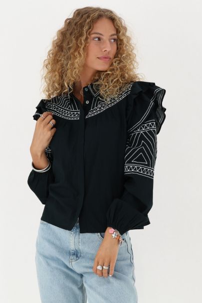 Black blouse with ruffle and embroidery 