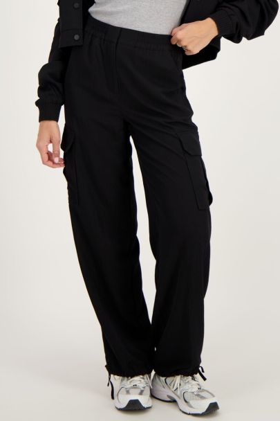 Black cargo trousers with elasticated waistband