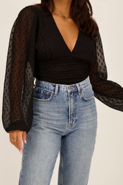 Zwarte crop top met rechthoekjes & smock tailleband