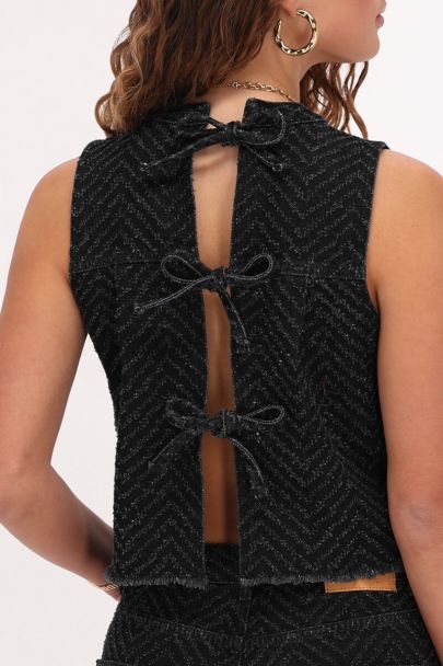 Zwarte jacquard denim top met strikjes