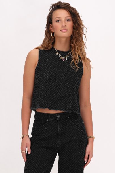 Zwarte jacquard denim top met strikjes