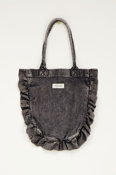 Grey denim tote bag with ruffles