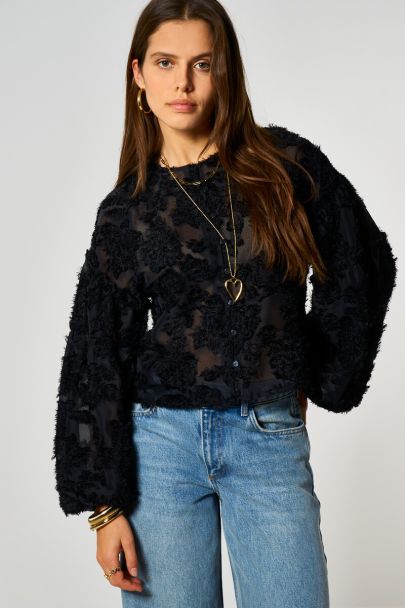 Zwarte bloemen jacquard top met lange mouwen