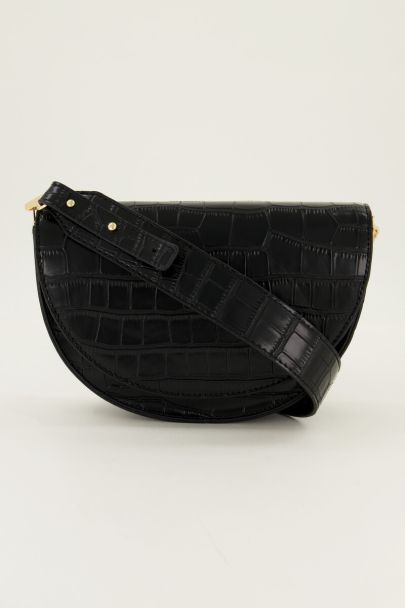 Black half moon crossbody bag with crocodile skin