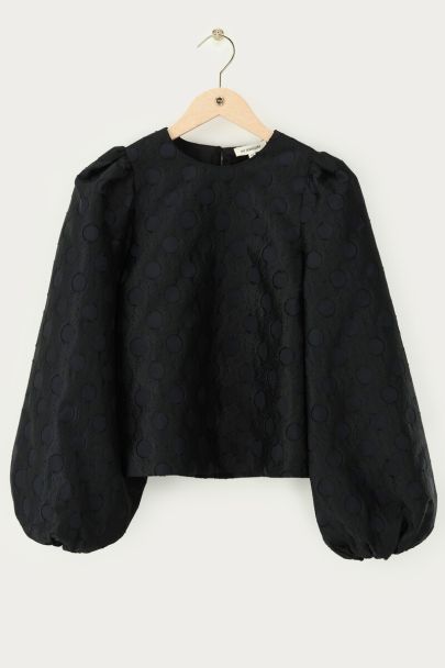 Black jacquard top with long balloon sleeves