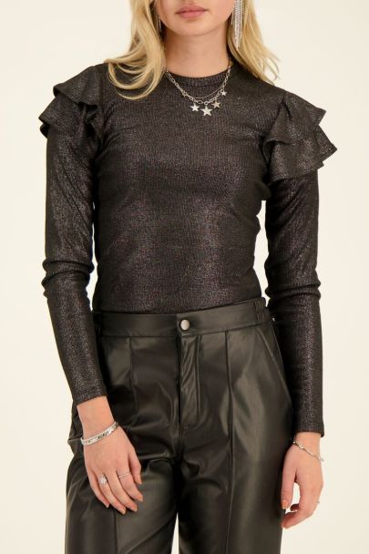 Zwarte metallic top met ruffles