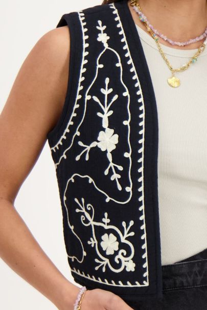 Black muslin vest with embroidery