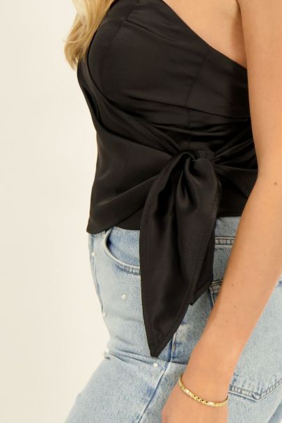 Zwarte one-shoulder corset top satijn