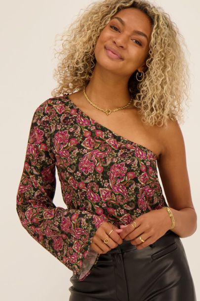 Zwarte one shoulder top met gekleurde paisley print
