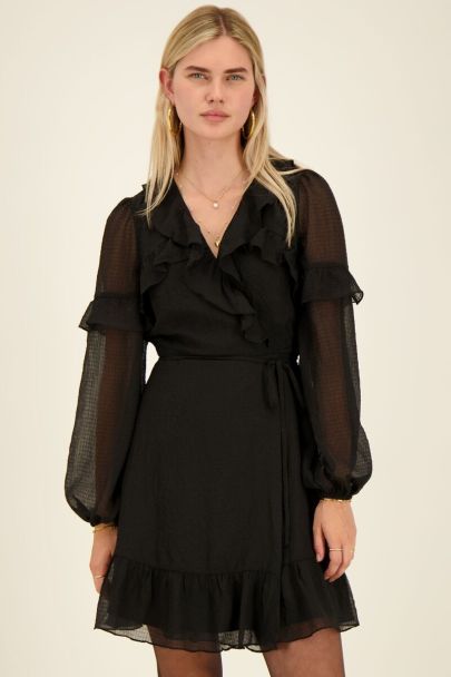 Robe portefeuille noire à volants