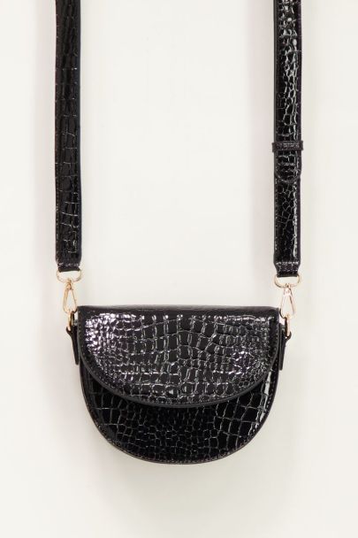 Sac bandoulière demi-lune noir effet croco