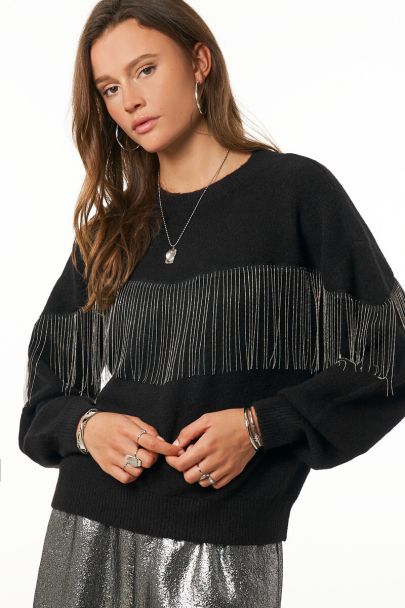 Zwarte trui met ballchain franjes