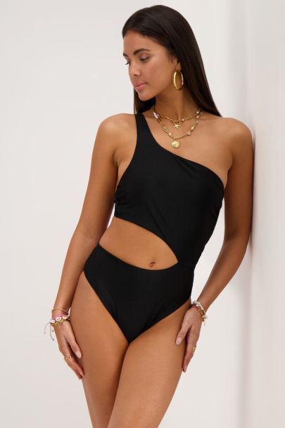 Black one-shoulder swimsuit with cut-out