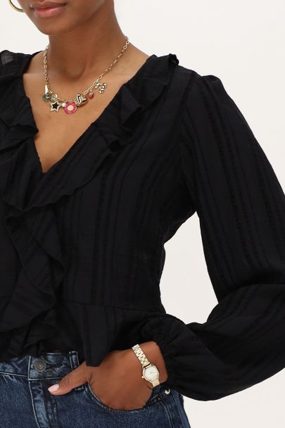 Black top with ruffles & buttons