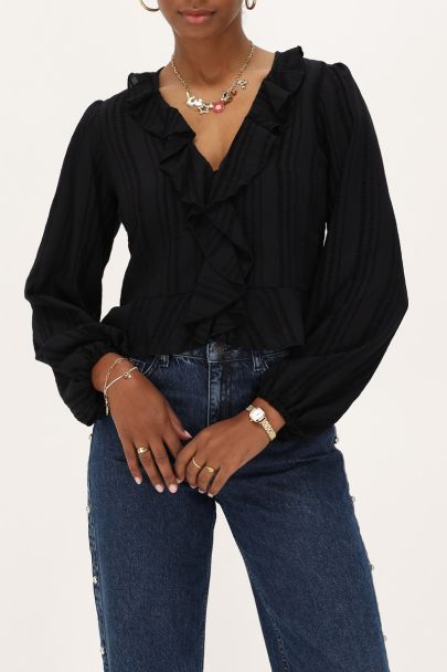 Black top with ruffles & buttons