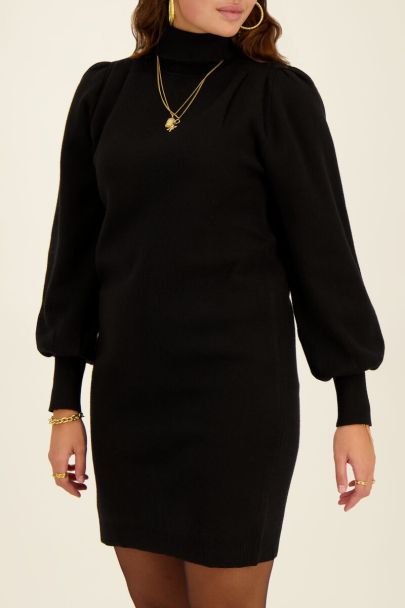 Black turtleneck dress with puff sleeves