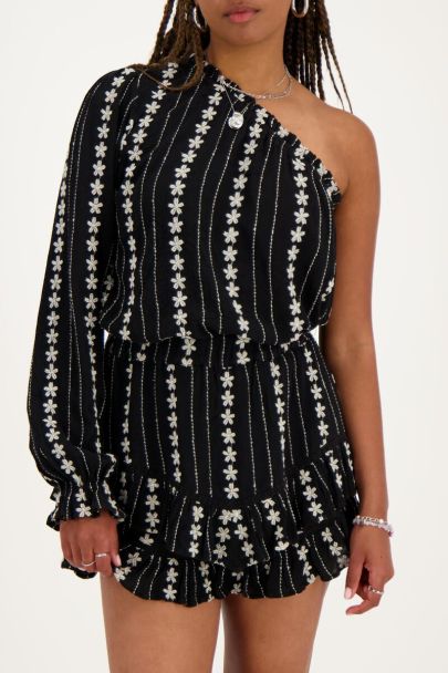 Black and white one-shoulder top with embroidery