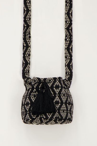 Black and white round shoulder bag with woven Aztec print