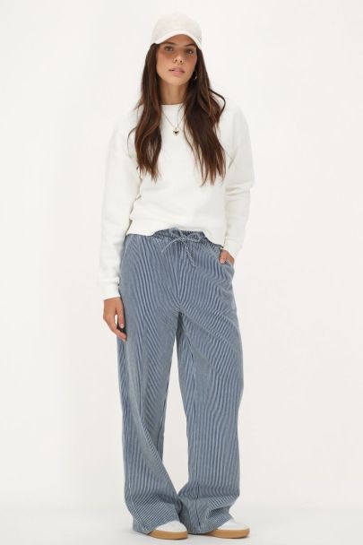 Blue and white striped wide leg trousers with elastic band