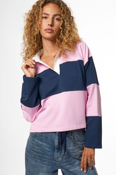 Blauw-roze gestreepte polo top