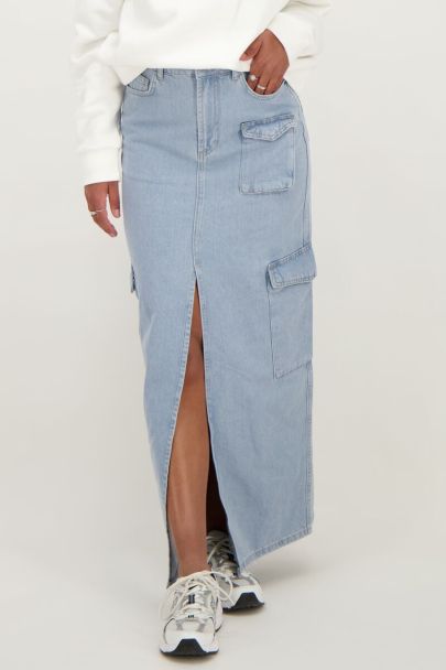 Blue denim cargo midi skirt