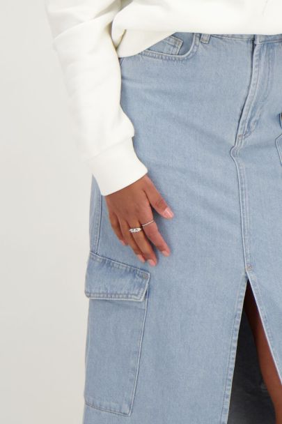 Blauwe cargo denim midi rok