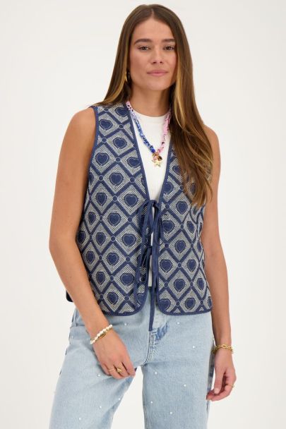 Blue chambray waistcoat with embroidered hearts