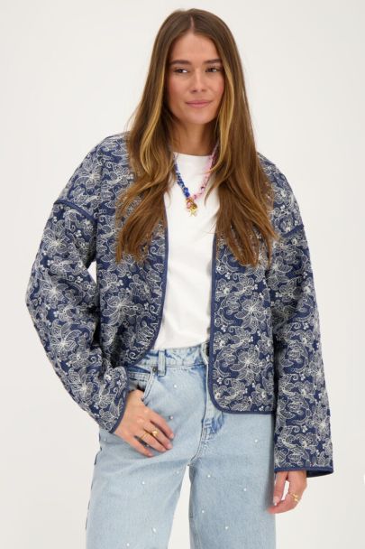 Blaue Kimonojacke aus Chambray mit Stickerei