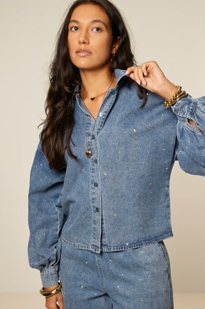 Blauwe denim blouse met lange mouwen en strass
