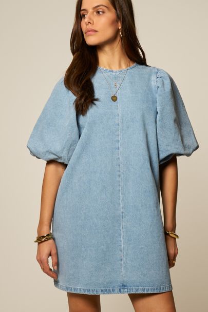 Blue denim dress with short puff sleeves