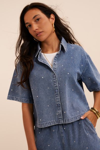 Blue denim short blouse with rhinestone details