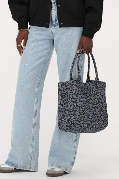 Blue denim tote bag with leopard print