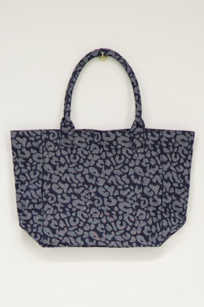 Blue denim tote bag with leopard print