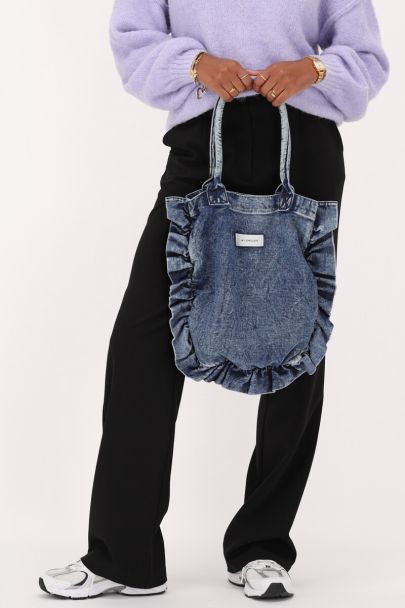 Blue denim tote bag with ruffles