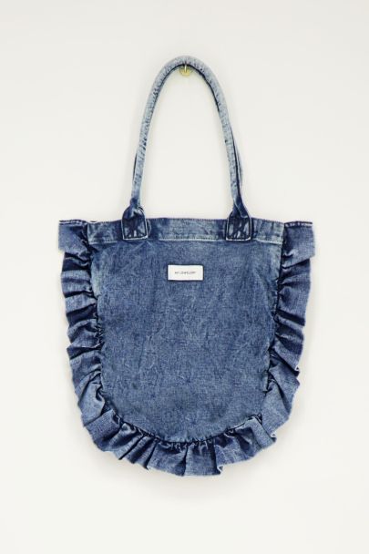 Blue denim tote bag with ruffles