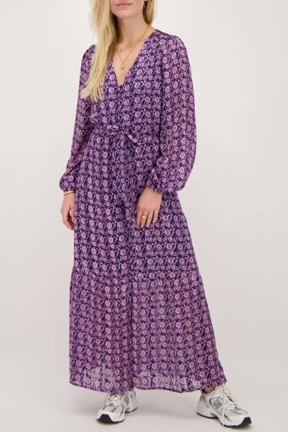 Blauwe maxi dress met roze bloemenprint