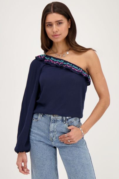 Dark blue one-shoulder top with multicoloured embroidery