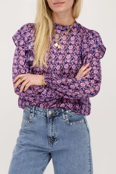 Blue ruffled top with pink flower print